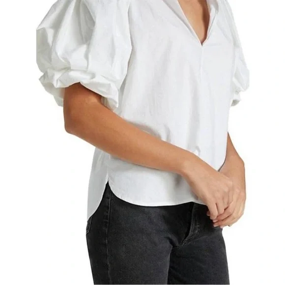 A.L.C. White Cara Puff Sleeve Split V neck Popover Cotton Blouse Size 6 - Picture 3 of 9